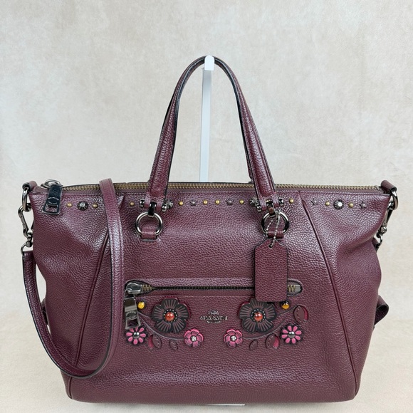 Coach Primrose Willow Floral Appliqué Leather Satchel Oxblood Gunmetal Hardware - Picture 3 of 17